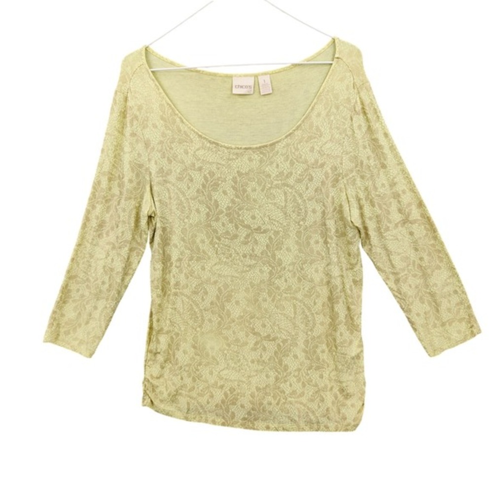 Chicos Womens Romantic Cottage Whimsy Lace Top 1 M Shirt Lime Green Scoop Neck‎